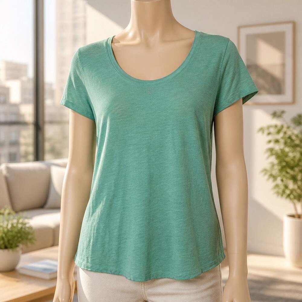 Eileen Fisher Organic Cotton Scoop Neck Short Sleeve Tee Green Size L